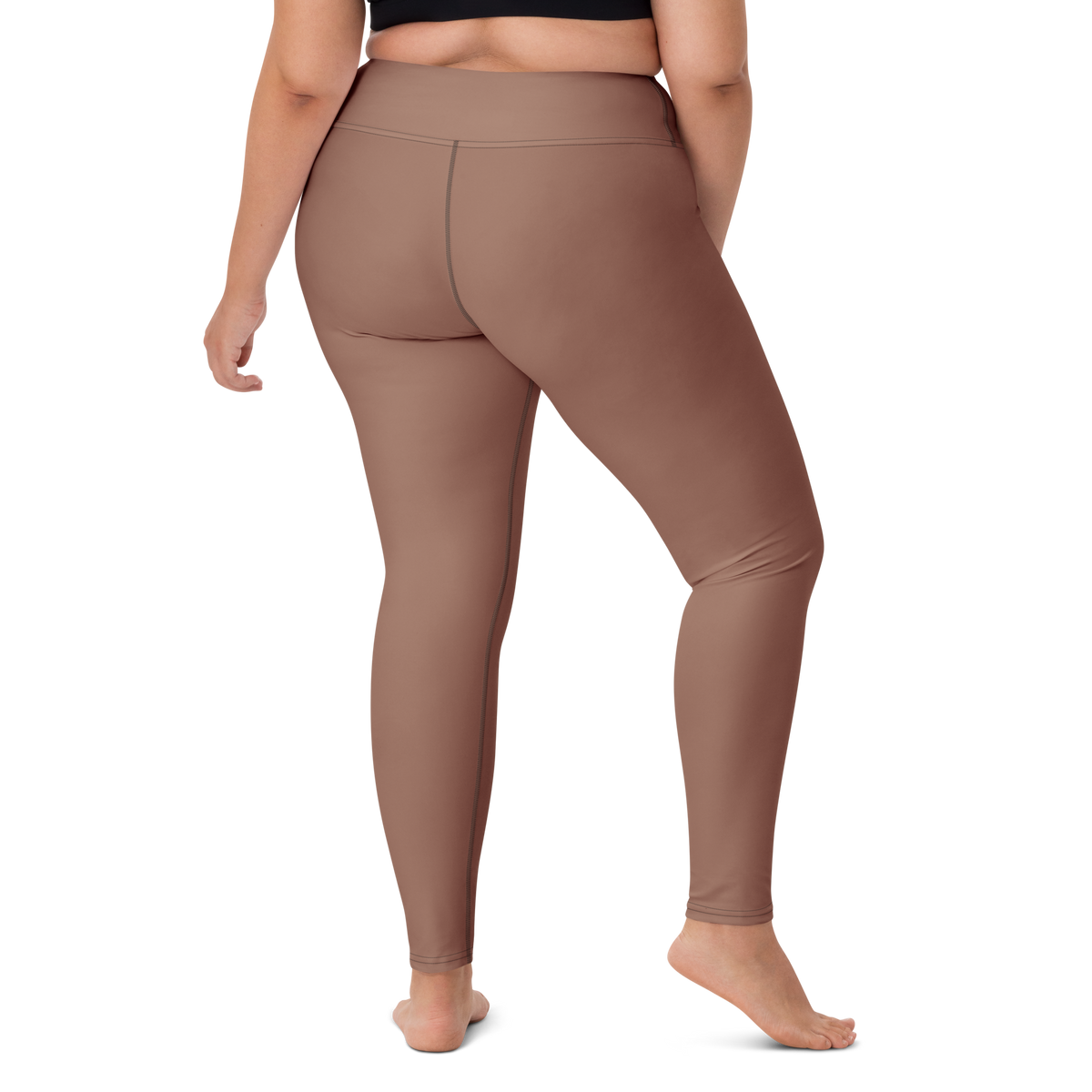 Plain Mocha Mousse high-waisted yoga leggings, larger-model right-back view.