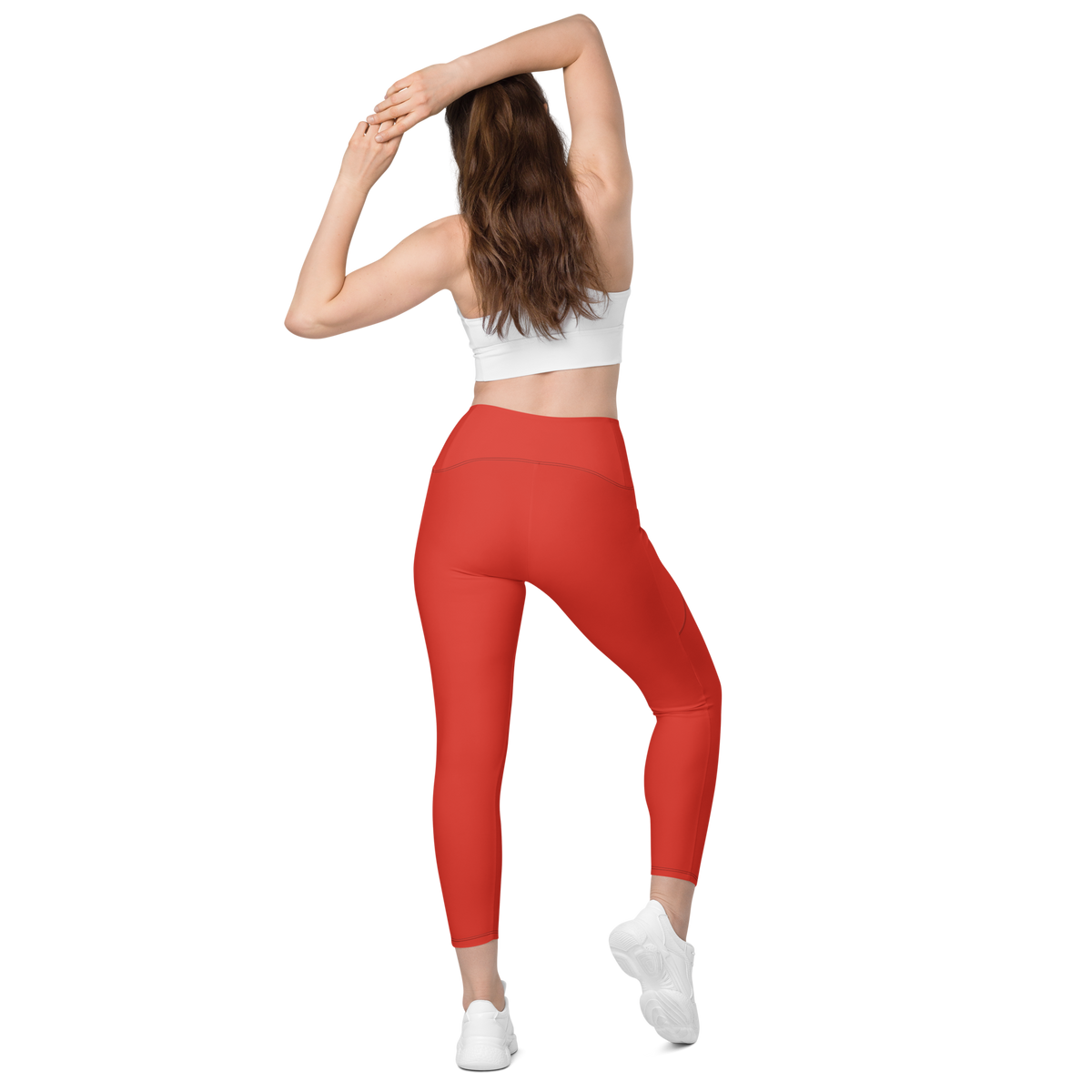 Plain Poinciana high-waisted pocket leggings, back view.