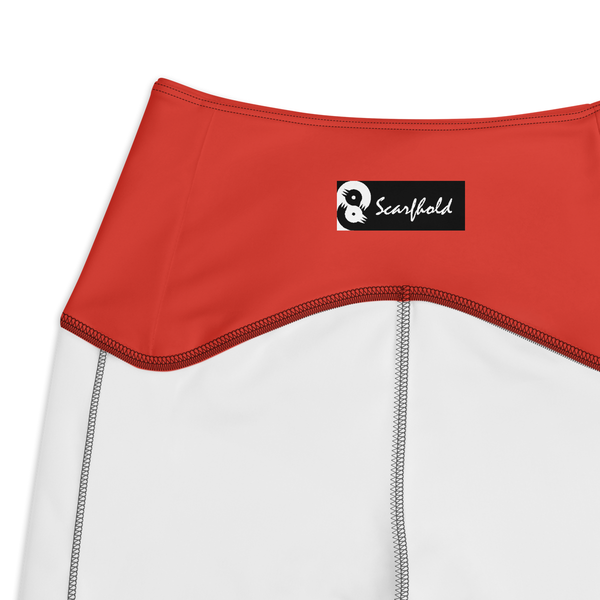 Plain Poinciana high-waisted pocket leggings, inside-label and construction detail.