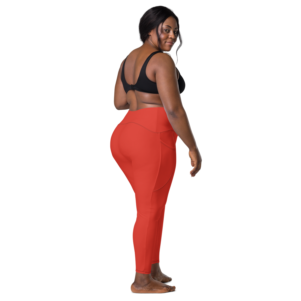 Plain Poinciana high-waisted pocket leggings, larger-model back view.