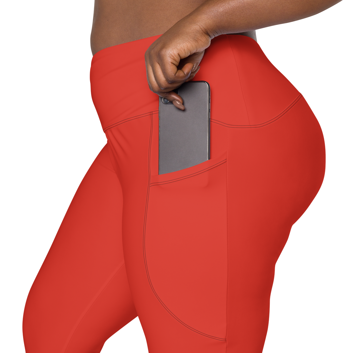 Plain Poinciana high-waisted pocket leggings, rear pocket detail.
