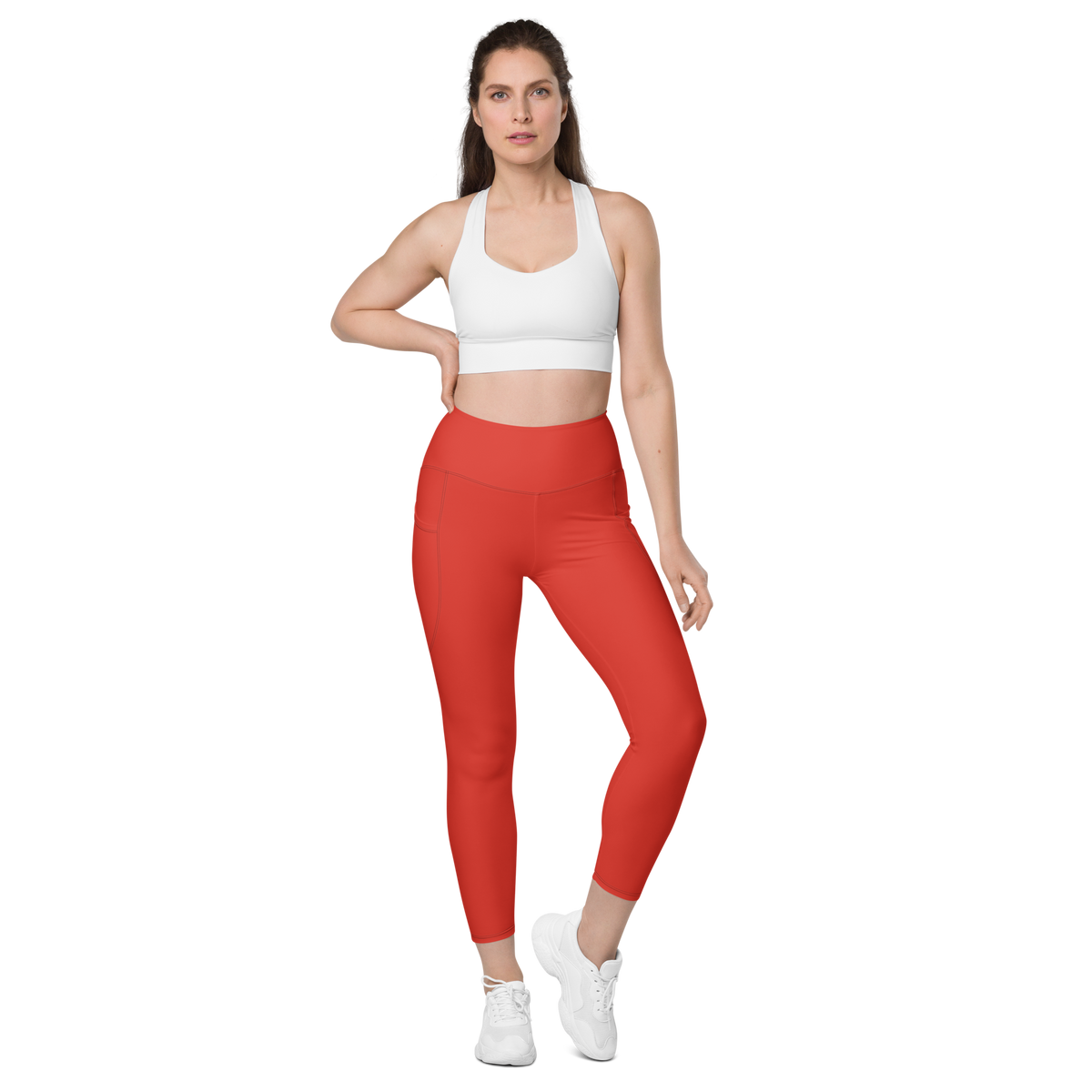 Plain Poinciana high-waisted pocket leggings, straight-front view.