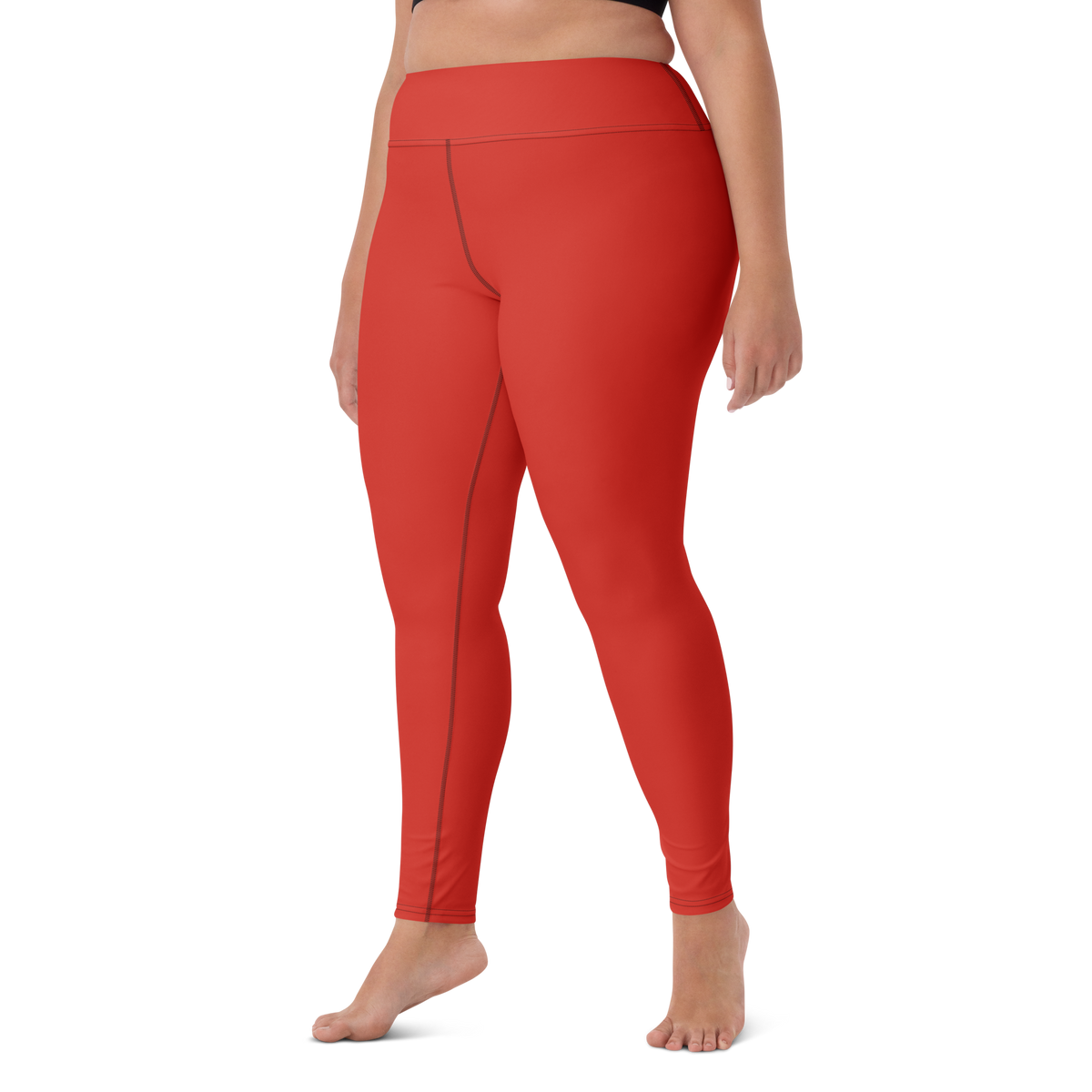 Plain Poinciana high-waisted yoga leggings, larger-model left-front view.
