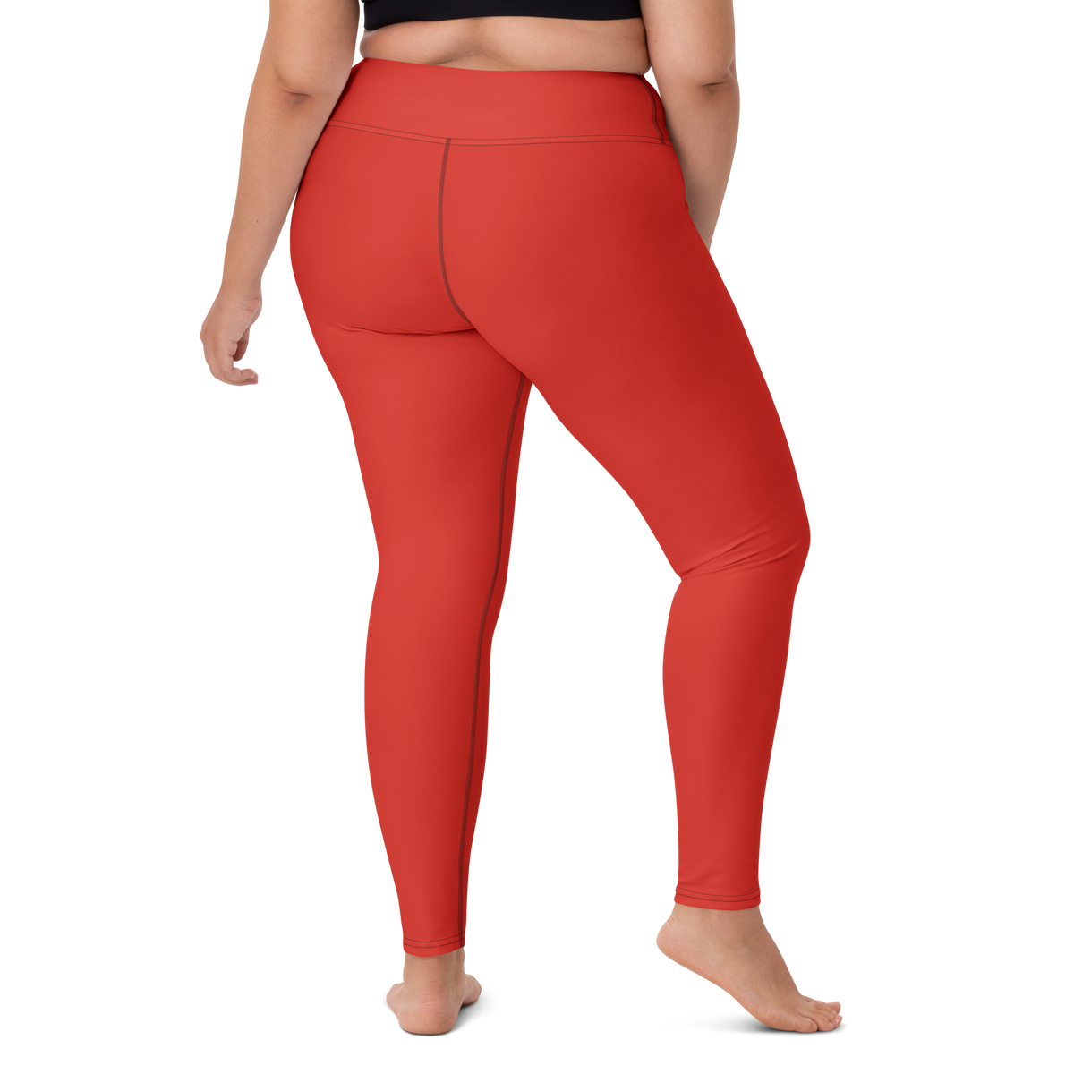 Plain Poinciana high-waisted yoga leggings, larger-model right-back view.
