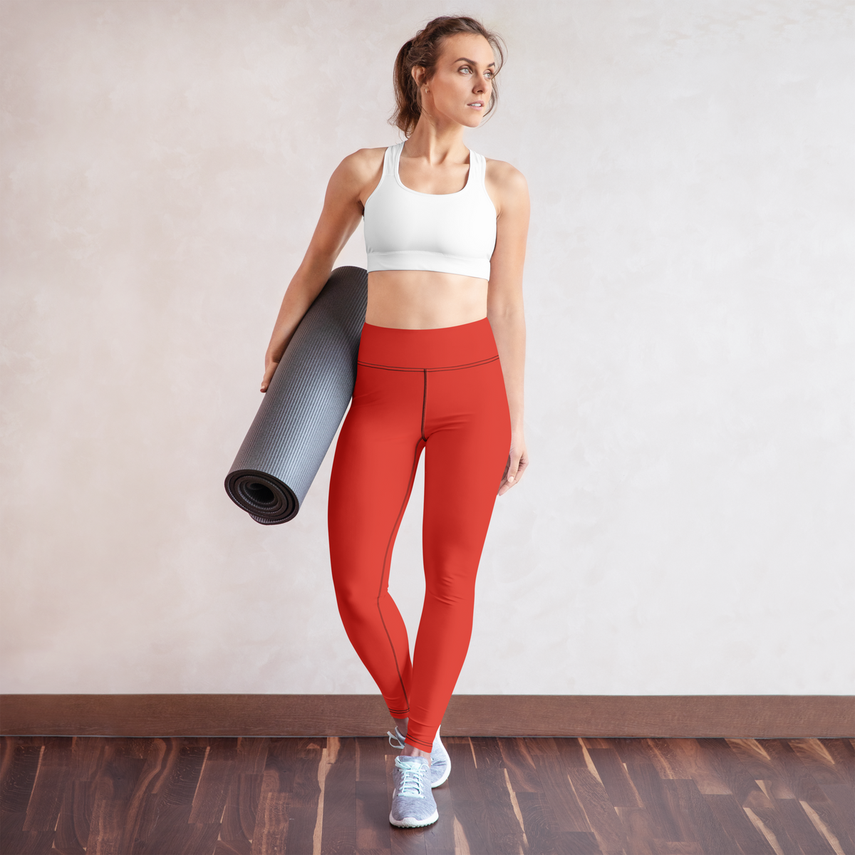 Plain Poinciana high-waisted yoga leggings, yoga lifestyle view.