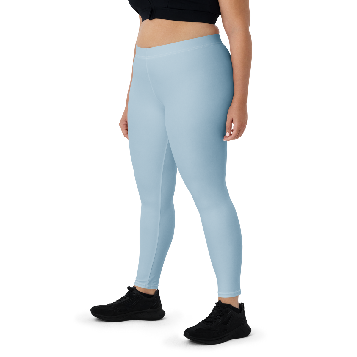 Plain Powder Blue mid-rise comfort leggings, oversize-fit front view.