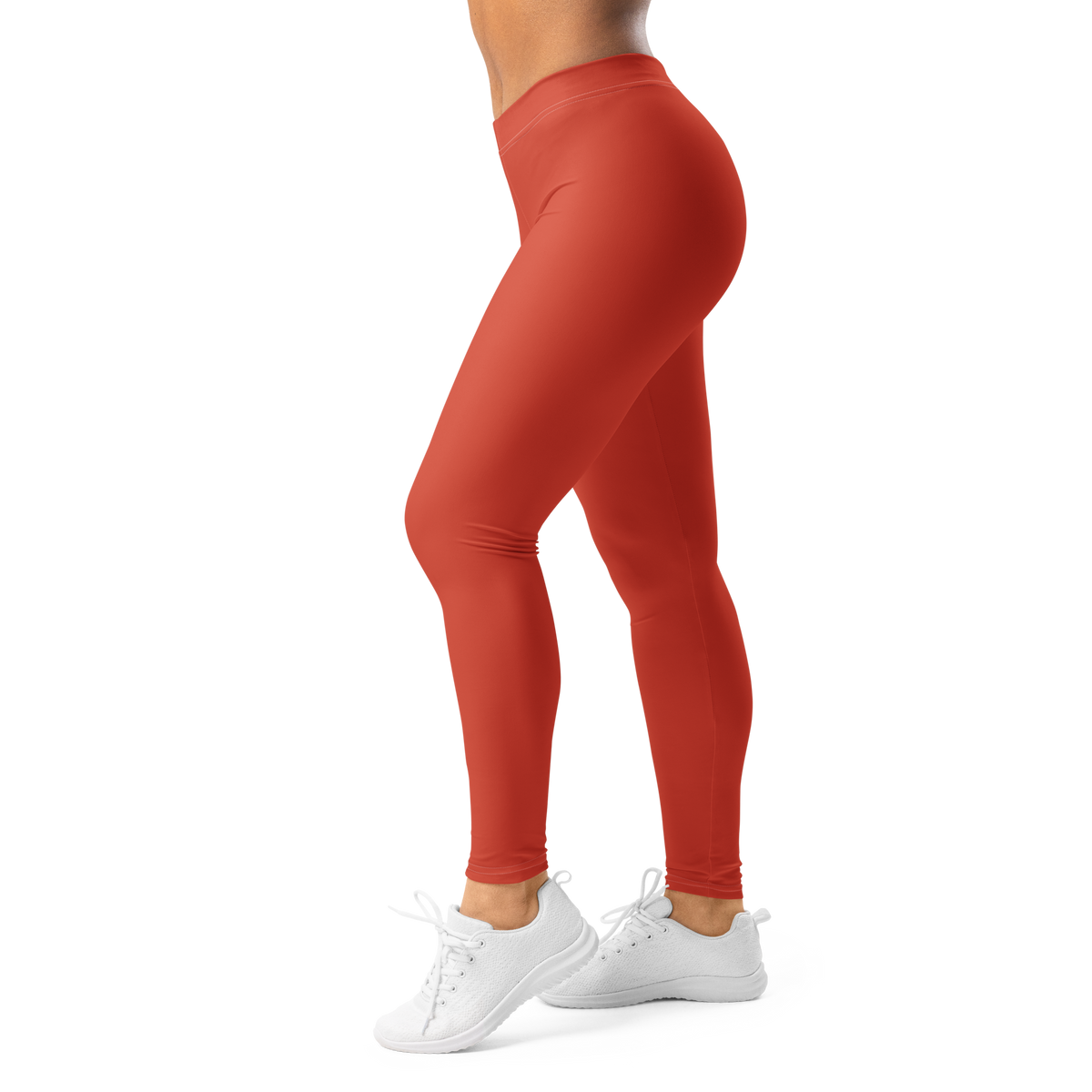 Plain Tomato mid-rise comfort leggings, left-side view.