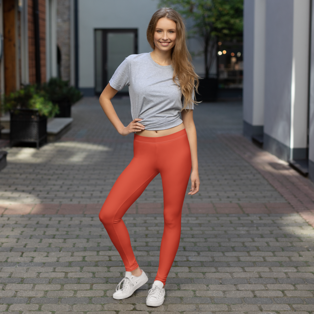 Plain Tomato mid-rise comfort leggings, lifestyle front view.