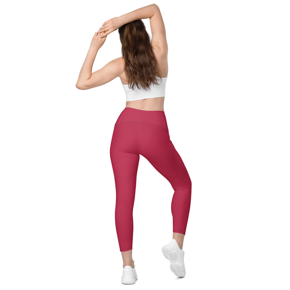 Plain Viva Magenta high-waisted pocket leggings, back view.