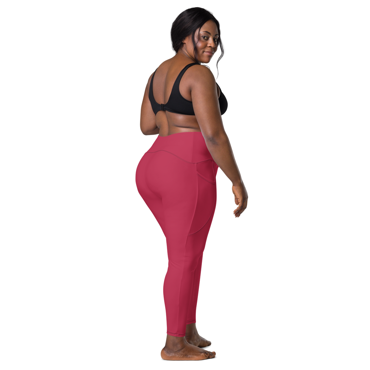 Plain Viva Magenta high-waisted pocket leggings, larger-model back view.