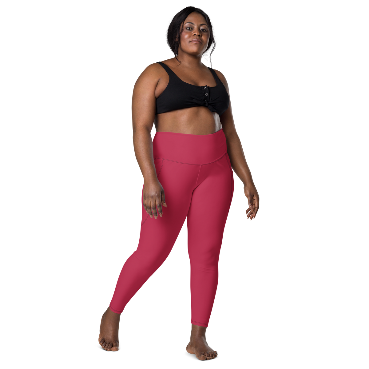 Plain Viva Magenta high-waisted pocket leggings, larger-model front view.