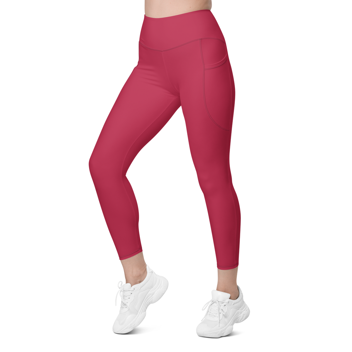 Plain Viva Magenta high-waisted pocket leggings, left-front view.