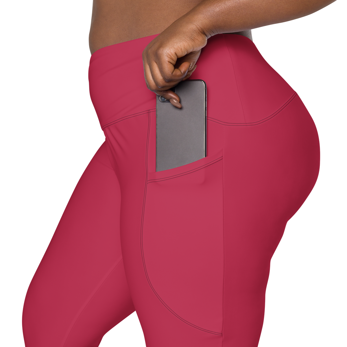 Plain Viva Magenta high-waisted pocket leggings, rear pocket detail.