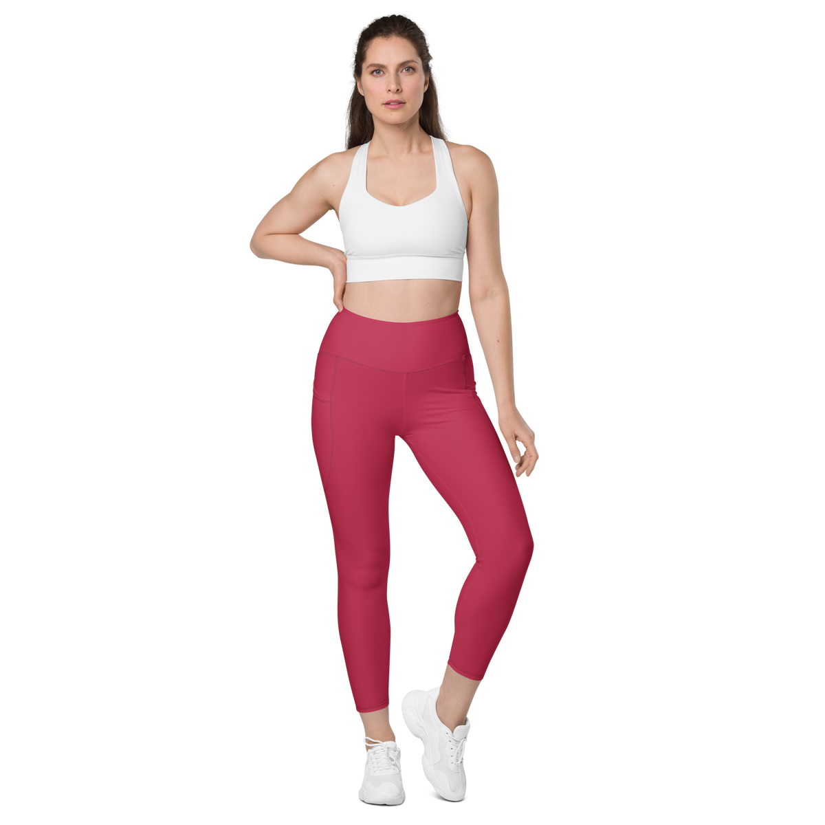 Plain Viva Magenta high-waisted pocket leggings, straight-front view.