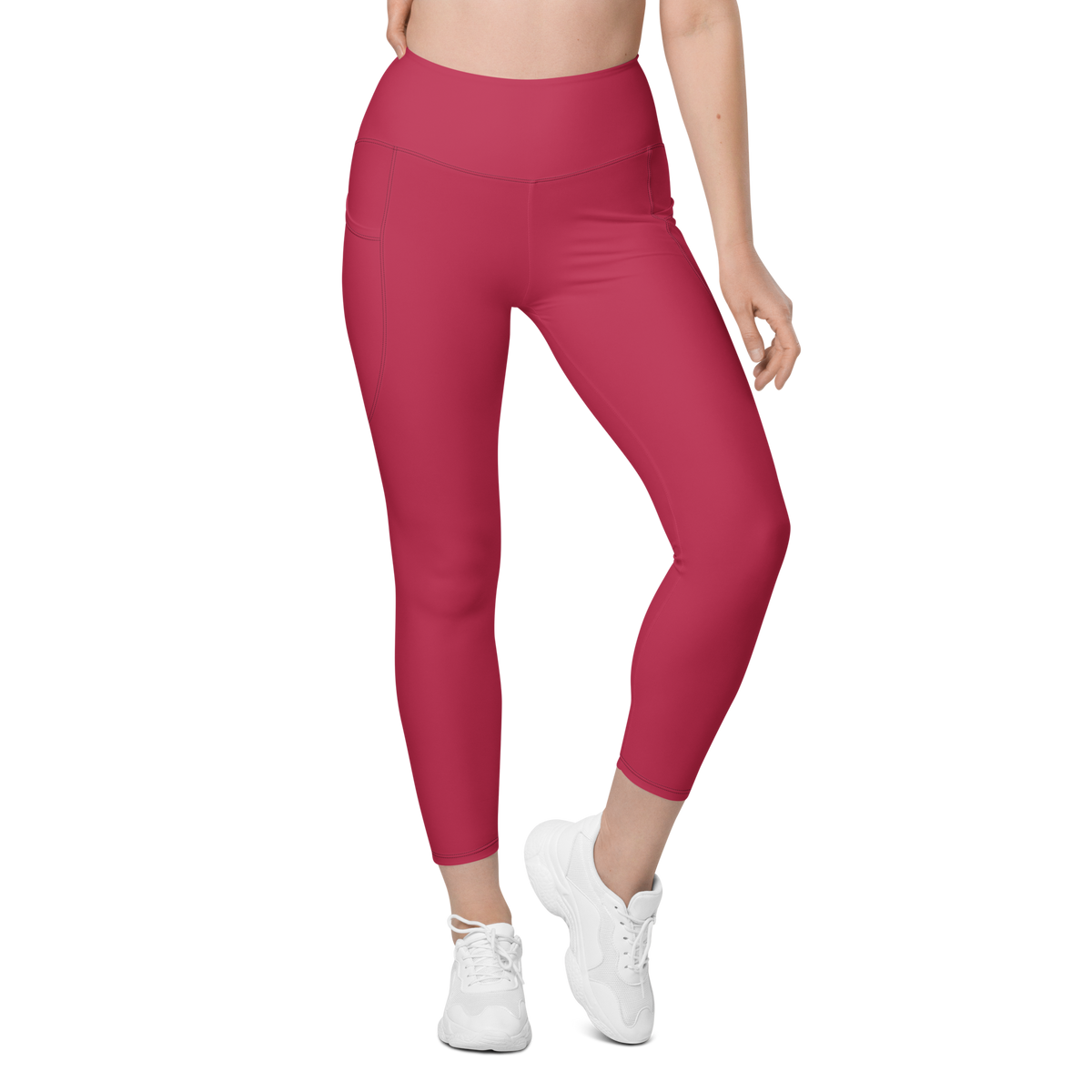 Plain · Viva Magenta high-waisted pocket leggings, front view.