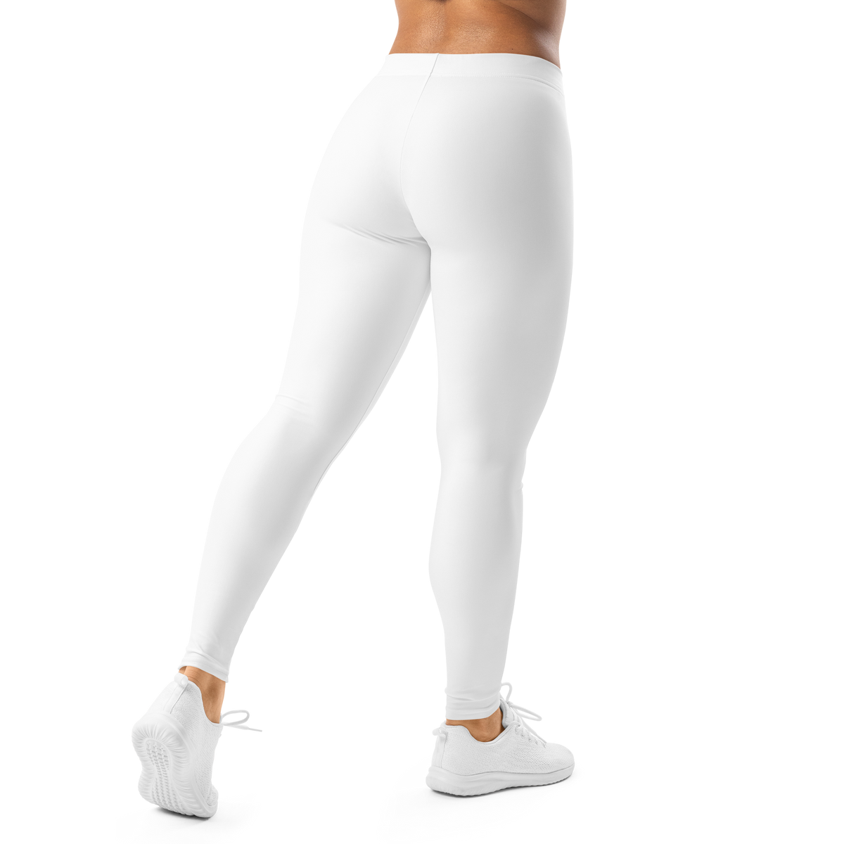 Plain White mid-rise comfort leggings, back view.