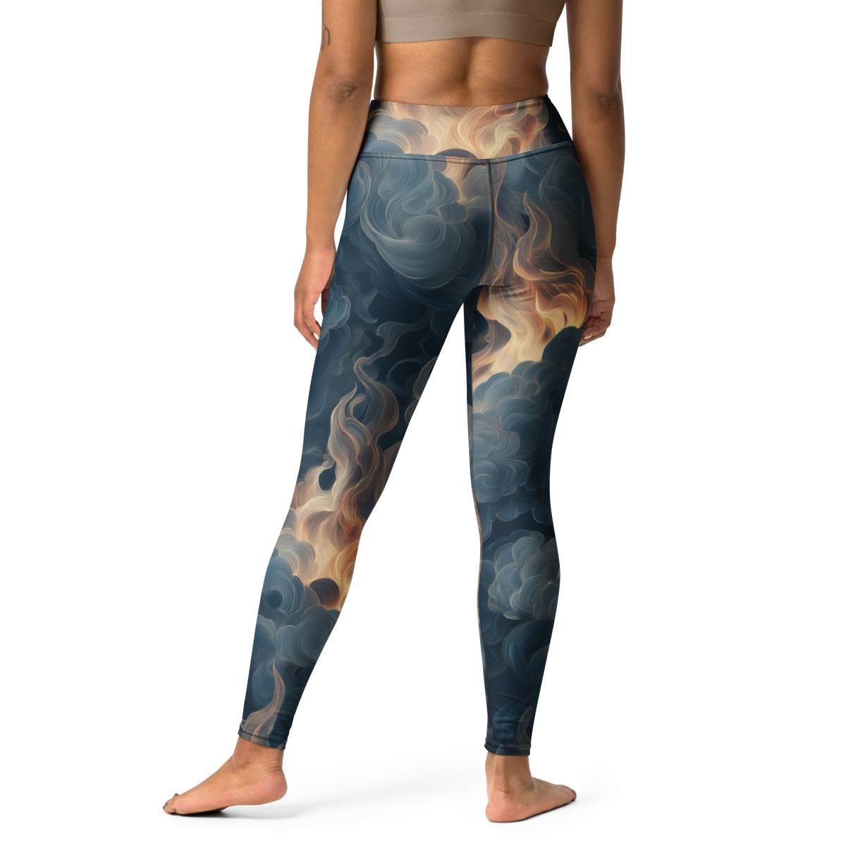 Pluma Blue high-waisted yoga leggings, back view.