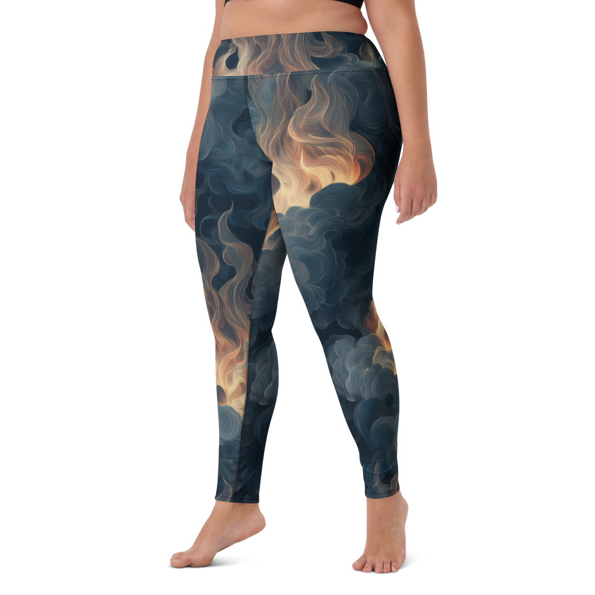 Pluma Blue high-waisted yoga leggings, larger-model left-front view.