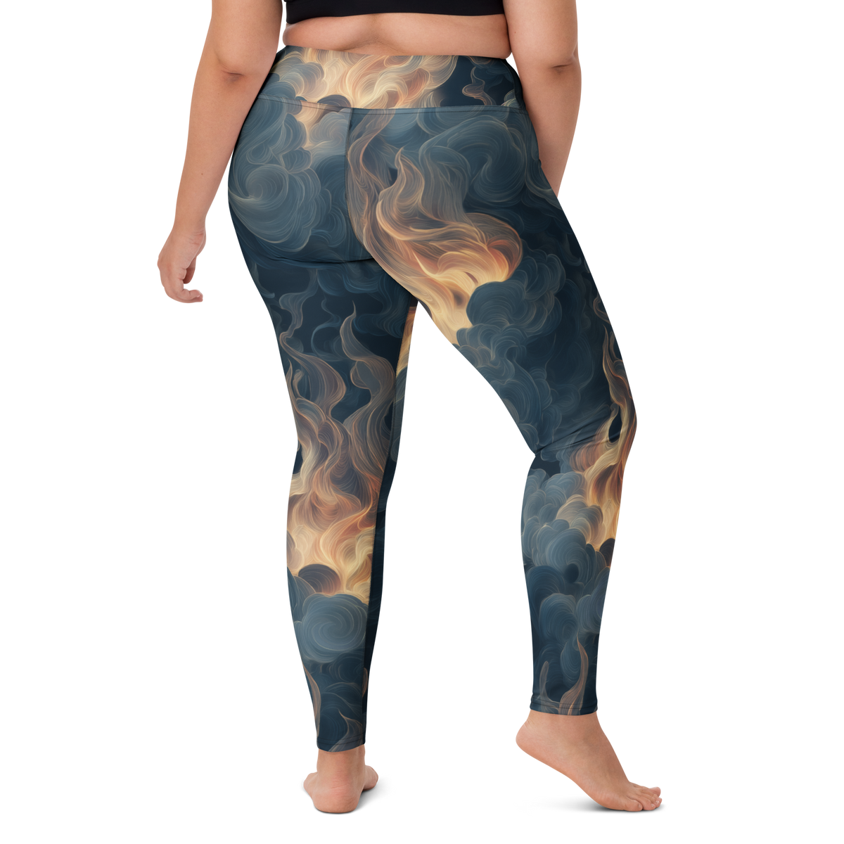 Pluma Blue high-waisted yoga leggings, larger-model right-back view.