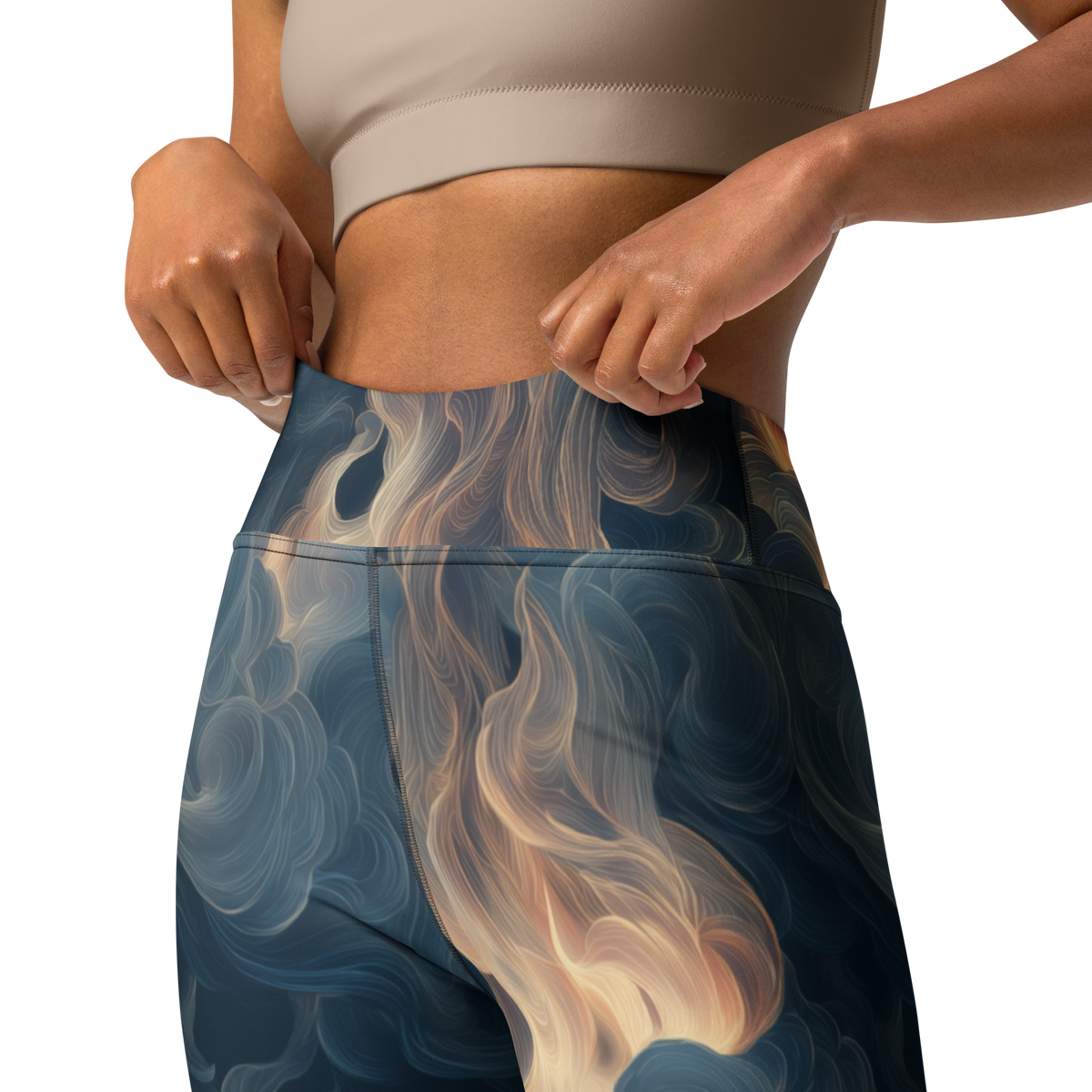 Pluma Blue high-waisted yoga leggings, waistband and construction detail.