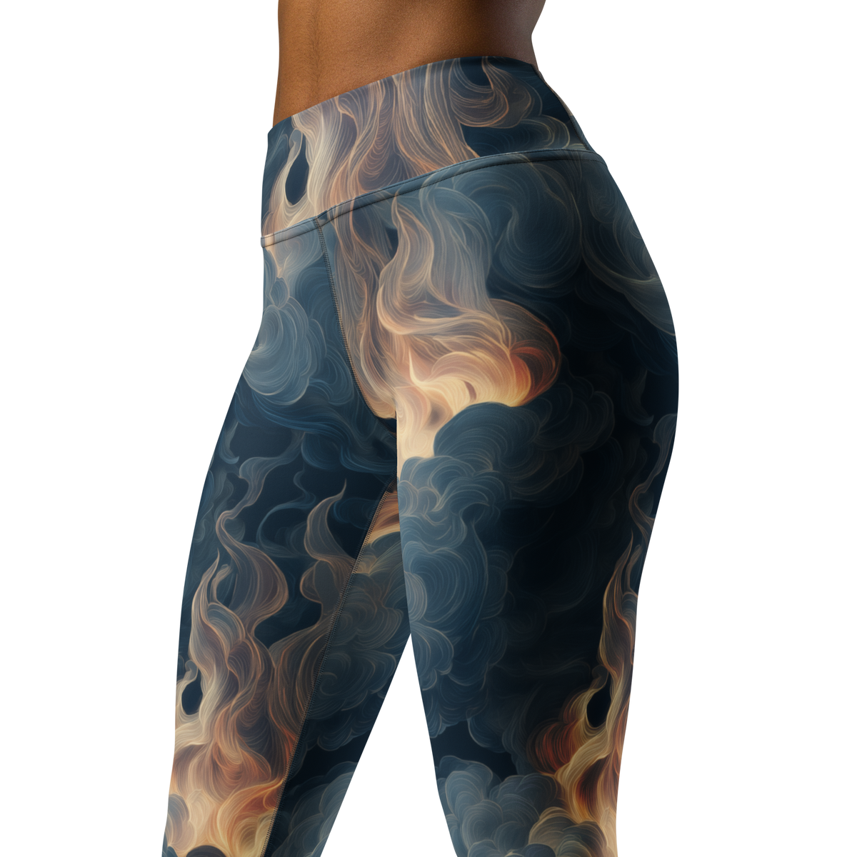 Pluma · Blue high-waisted yoga leggings, close three-quarter pattern view.