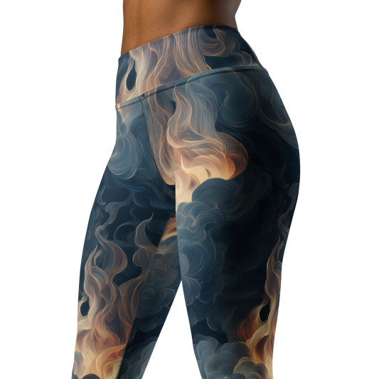Pluma · Blue high-waisted yoga leggings, close three-quarter pattern view.