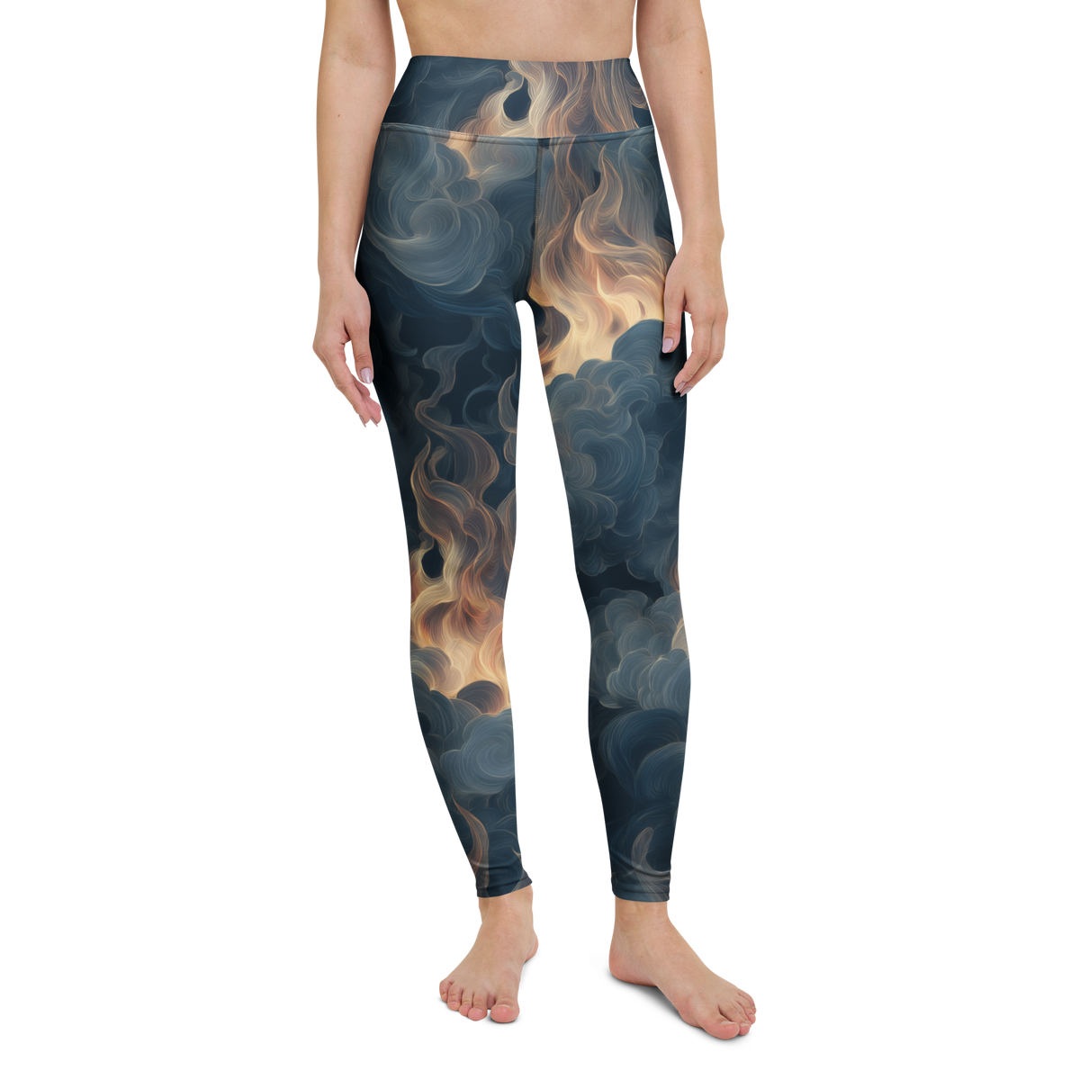 Pluma · Blue high-waisted yoga leggings, straight front view, barefoot.