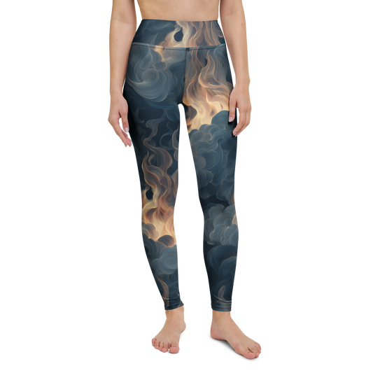 Pluma · Blue high-waisted yoga leggings, straight front view, barefoot.