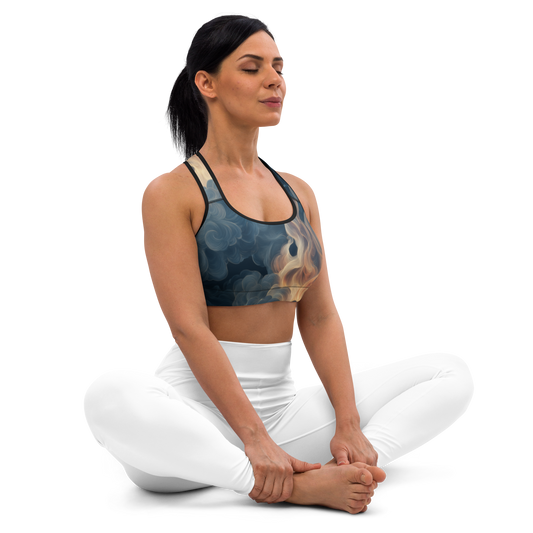 Seated front view of the Pluma medium-support padded sports bra with smoke clouds