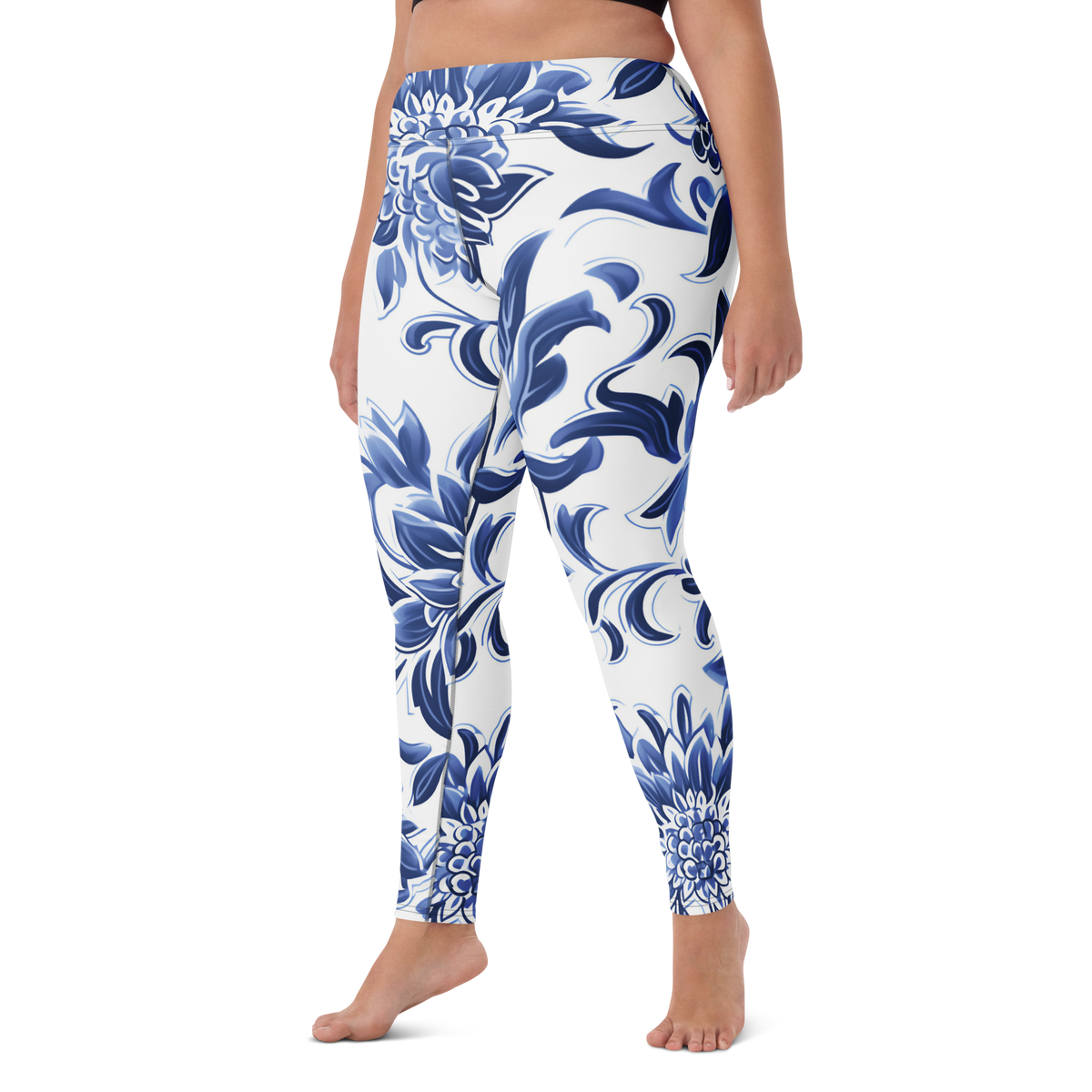 Porcelain high-waisted yoga leggings, larger-model left-front view.