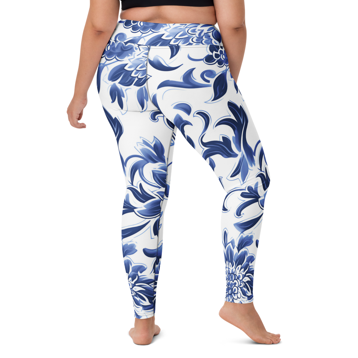 Porcelain high-waisted yoga leggings, larger-model right-back view.