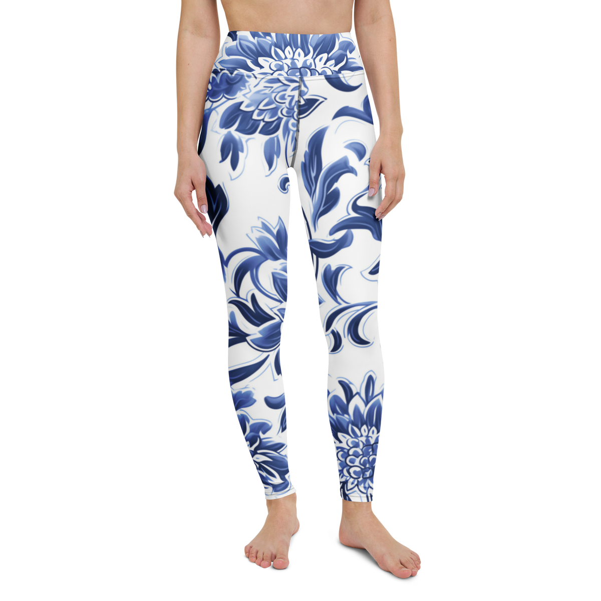 Porcelain high-waisted yoga leggings, straight front view, barefoot.