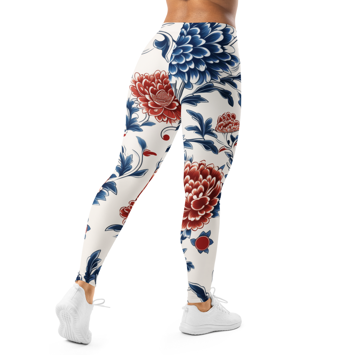Porcelain Vermilion Peony mid-rise comfort leggings, back view.