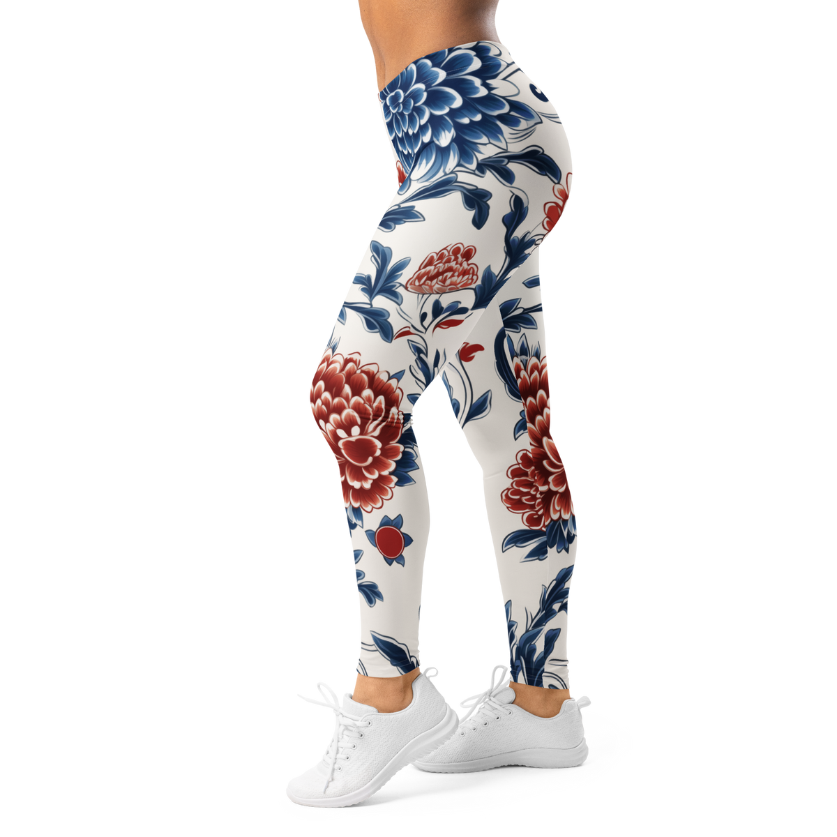Porcelain Vermilion Peony mid-rise comfort leggings, left-side view.