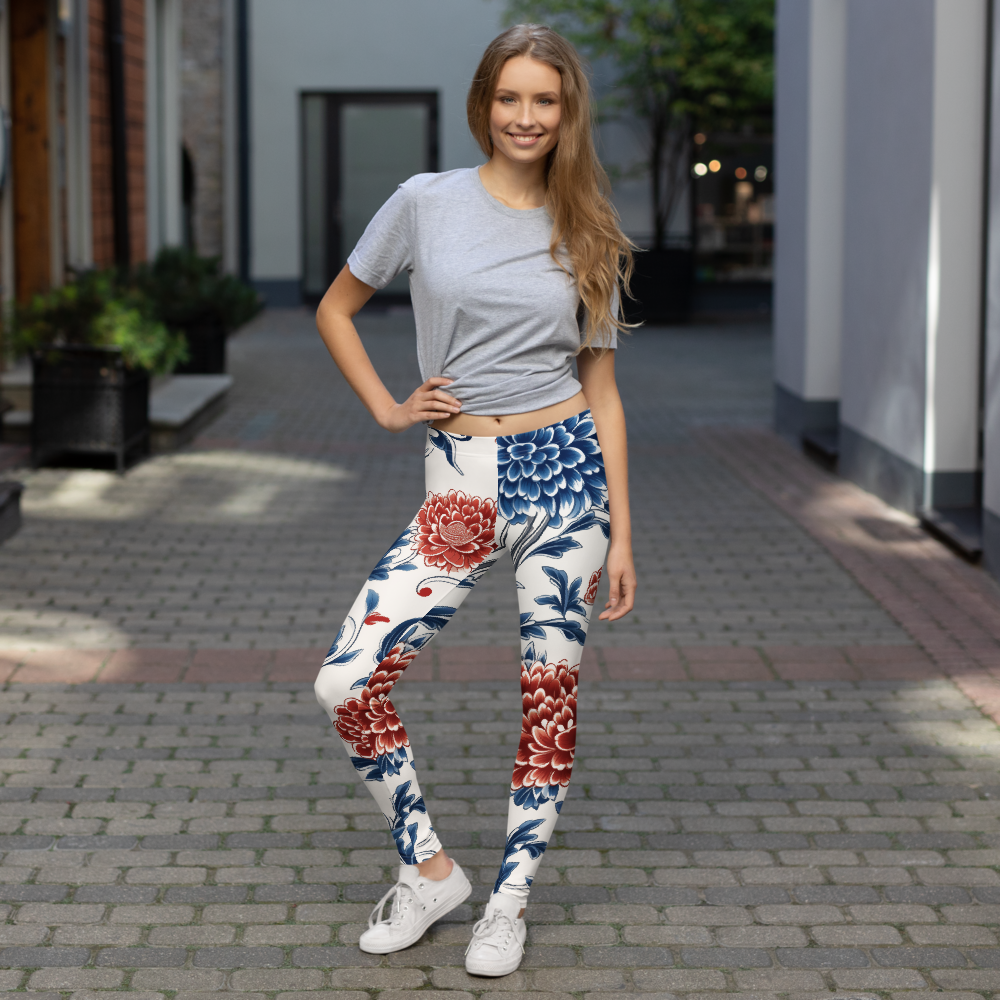 Porcelain Vermilion Peony mid-rise comfort leggings, lifestyle front view.