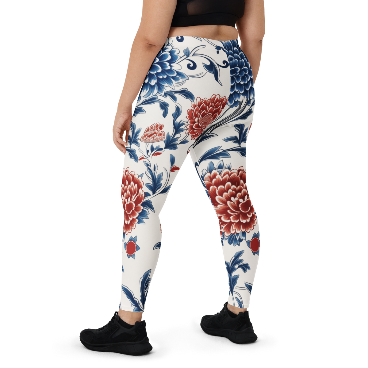 Porcelain Vermilion Peony mid-rise comfort leggings, oversize-fit back view.