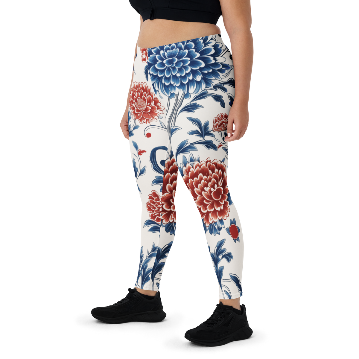 Porcelain Vermilion Peony mid-rise comfort leggings, oversize-fit front view.