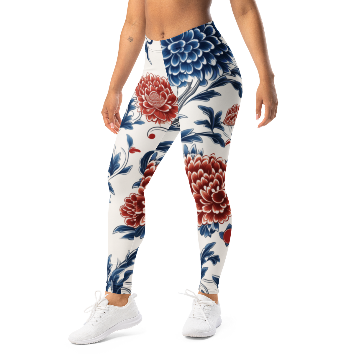 Porcelain — Vermilion Peony mid-rise everyday leggings, left-front view.