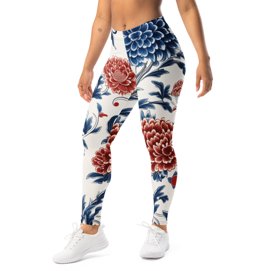 Porcelain — Vermilion Peony mid-rise everyday leggings, left-front view.