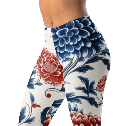 Porcelain — Vermilion Peony mid-rise everyday leggings, waistband and pattern detail.