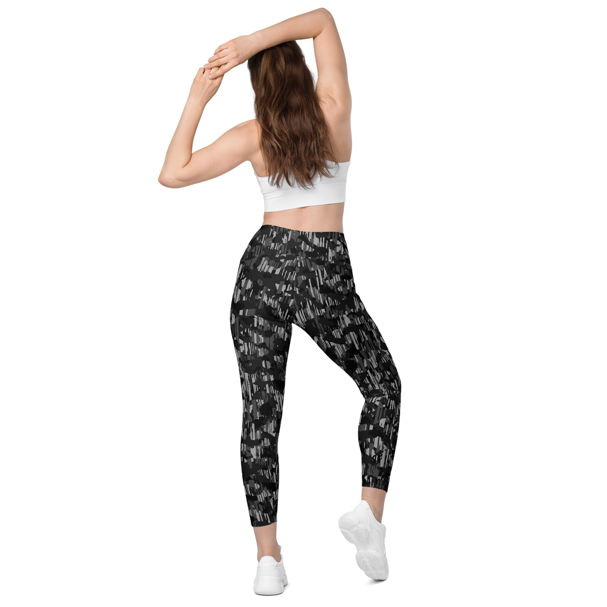 Savannah Black high-waisted pocket leggings, back view.