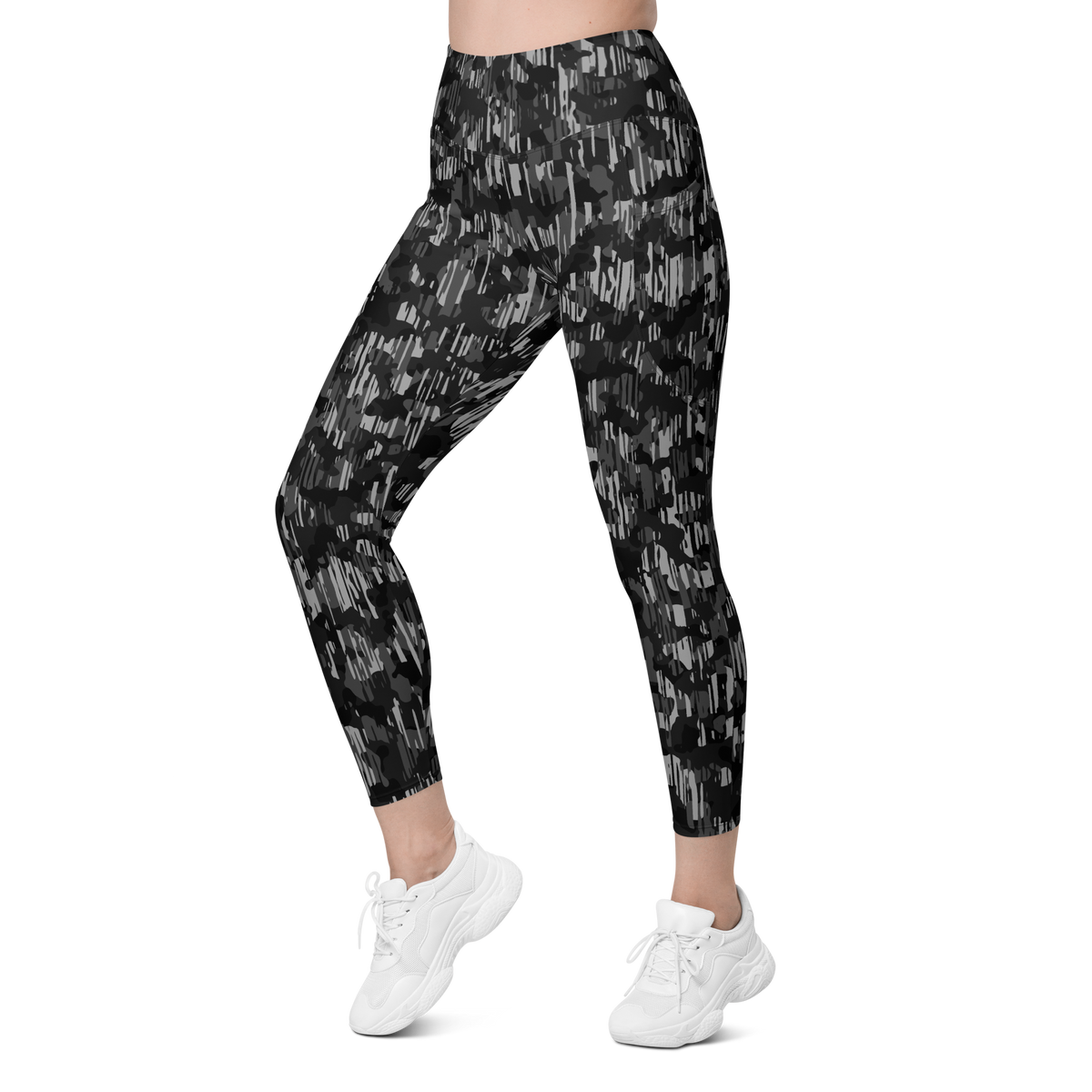 Savannah Black high-waisted pocket leggings, left-front view.