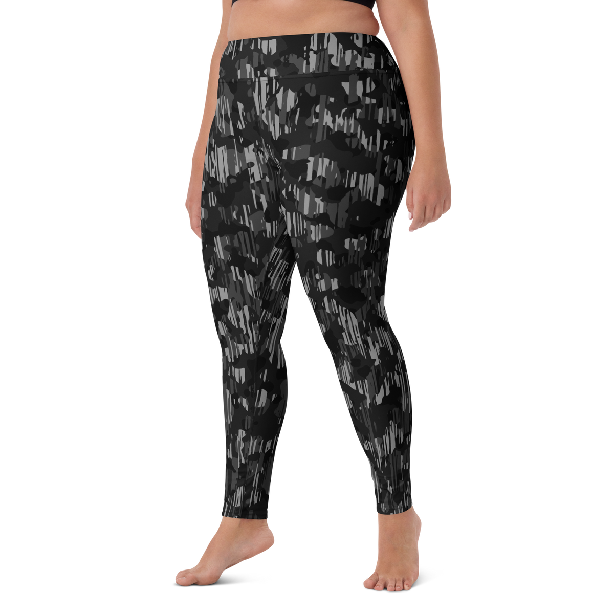 Savannah Black high-waisted yoga leggings, larger-model left-front view.