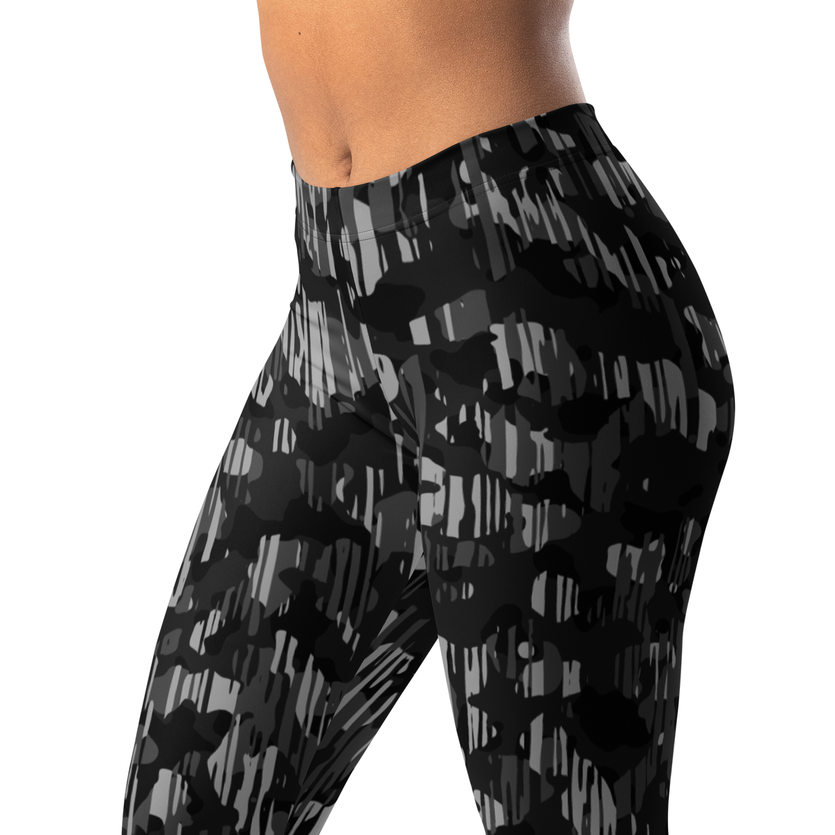 Savannah Black mid-rise comfort leggings, waistband and pattern detail.