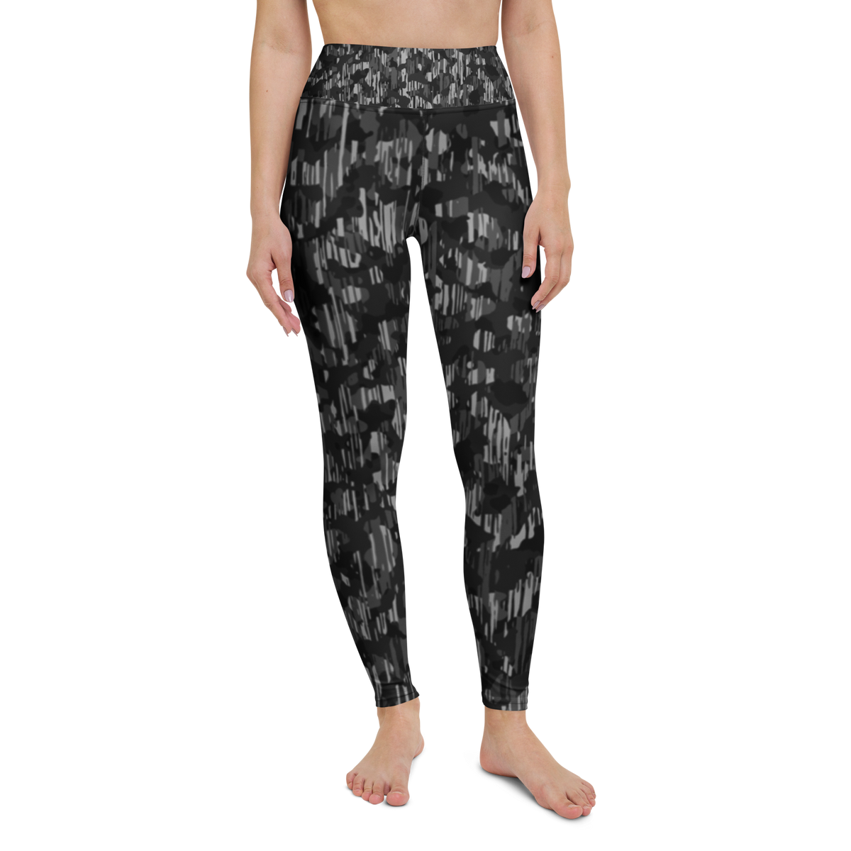 Savannah · Black high-waisted yoga leggings, straight front view, barefoot.