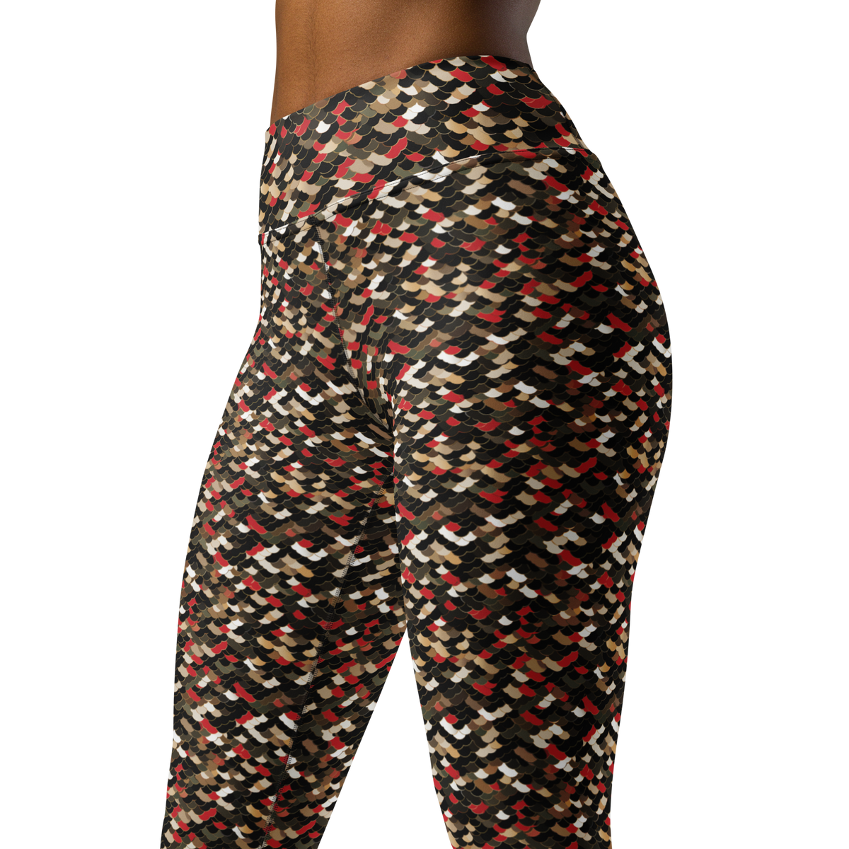 Scale Scarfhold Palette 1 high-waisted yoga leggings, close pattern view.