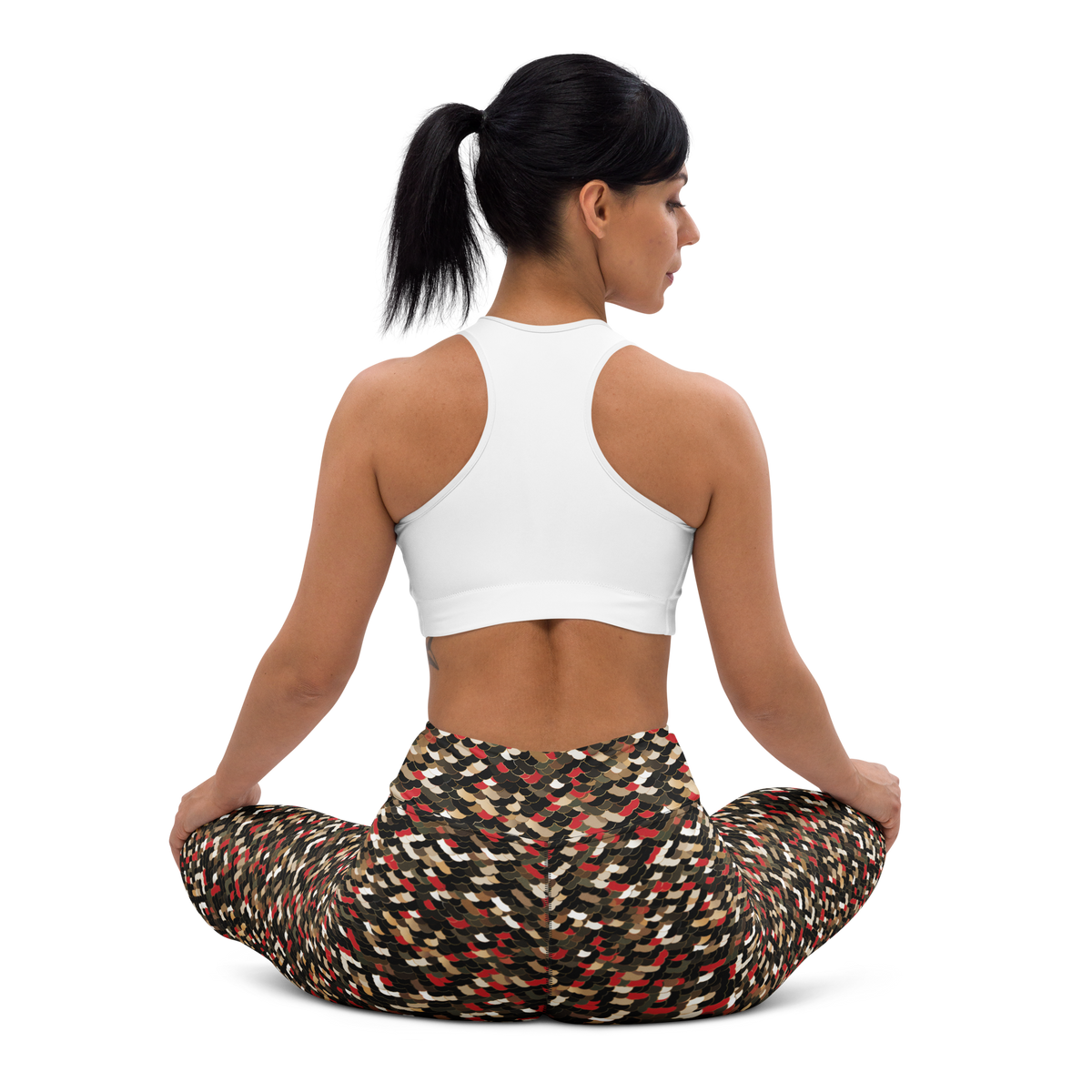 Scale Scarfhold Palette 1 high-waisted yoga leggings, seated back view.