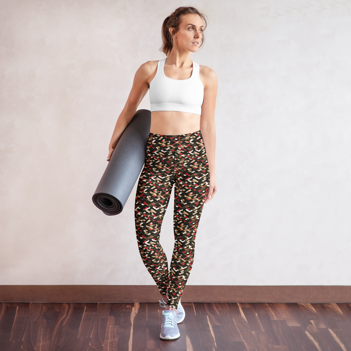 Scale Scarfhold Palette 1 high-waisted yoga leggings, yoga lifestyle view.