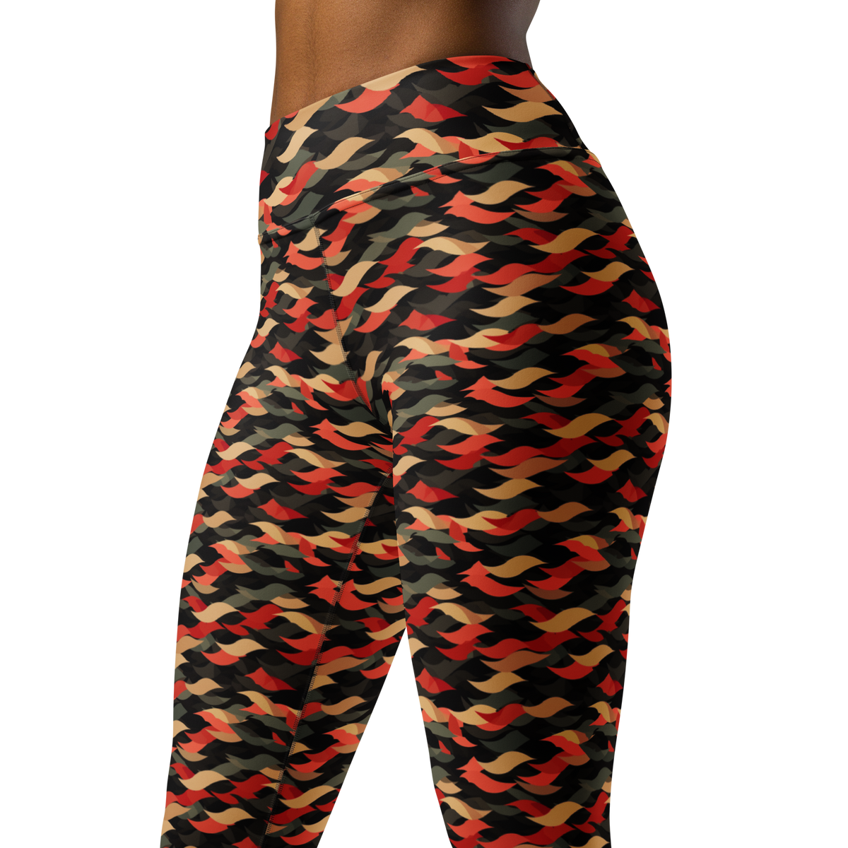 Scale Scarfhold Palette 1 high-waisted yoga leggings, close pattern view.