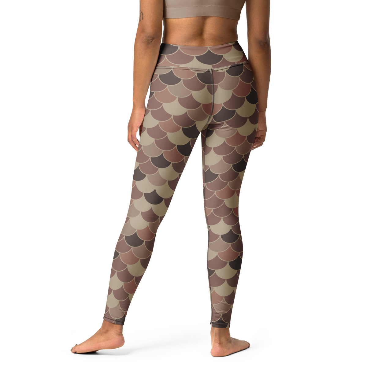 Scallop Mocha Mousse high-waisted yoga leggings, back view.